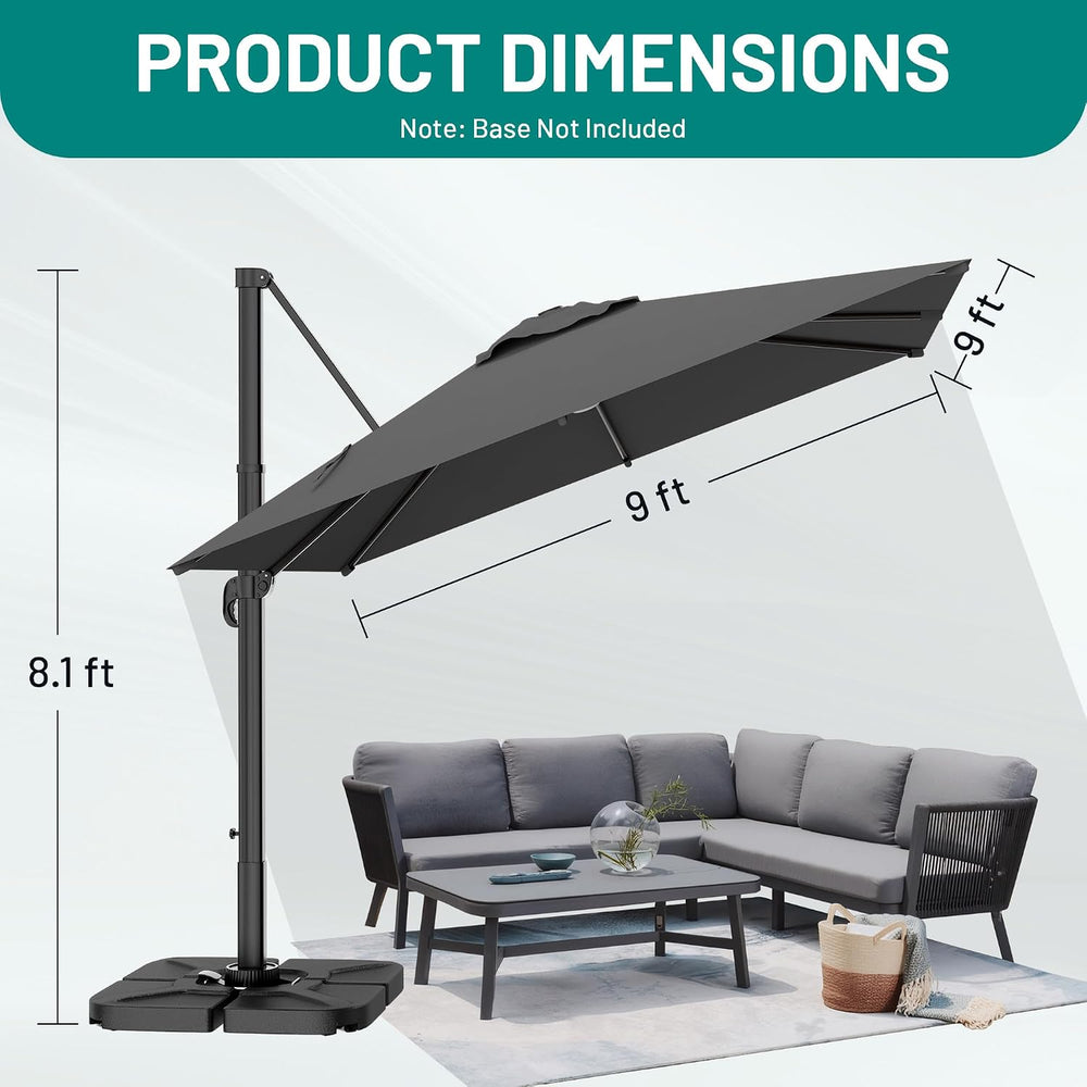 AreShark 9 X 9 FT Cantilever Umbrella w/ 360-Degree Rotation, Gray
