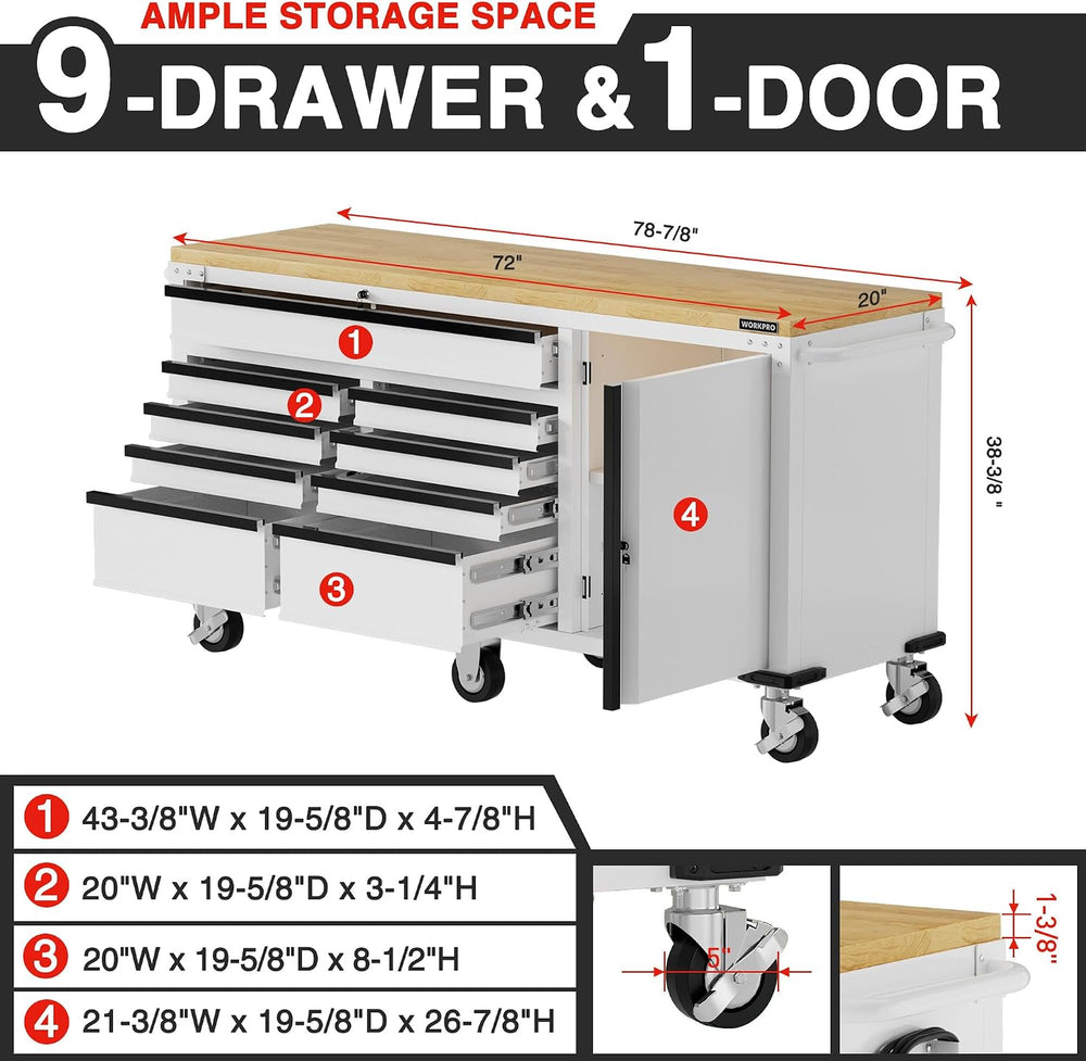 WORKPRO 72" x 22" Rolling Tool Cabinet, 9-Drawer & 1-Door