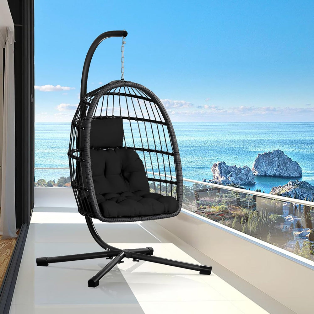 CHABATREE Egg Chair with Stand,Patio Rattan Wicker Hanging Swing Egg Chair Ha...