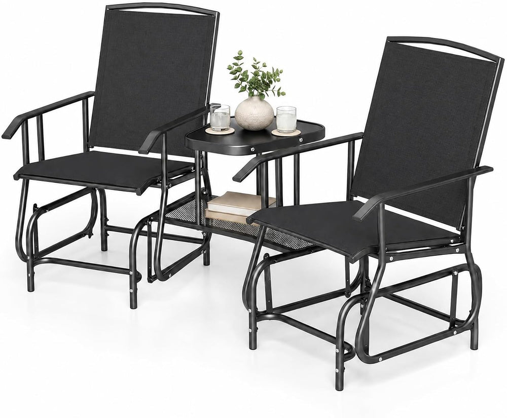 GIANTEX Outdoor Glider Chairs with 2-Tier Center Table, 2-Person Loveseat