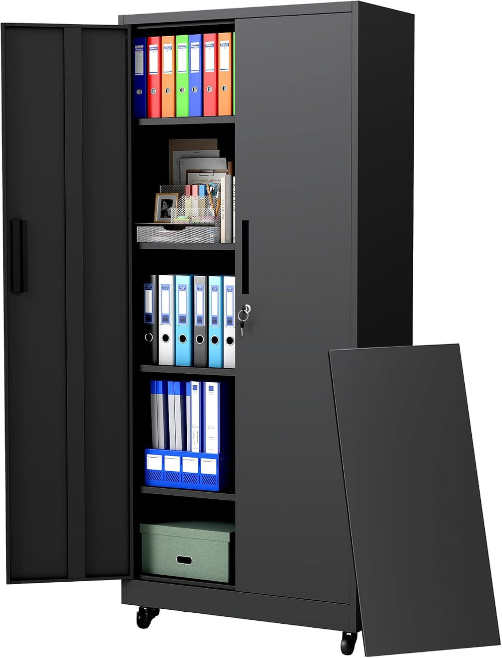 73" H Metal Cabinet with Wheels, Lockable Storage Cabinet, Black