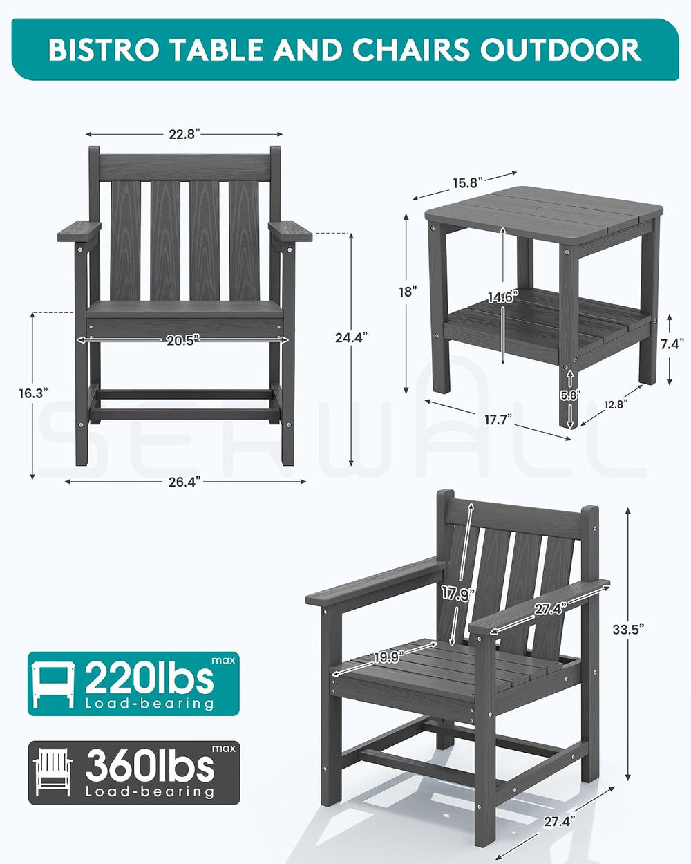 SERWALL 3 Pieces Patio Bistro Set-Outdoor Chairs with Side Table,Gray