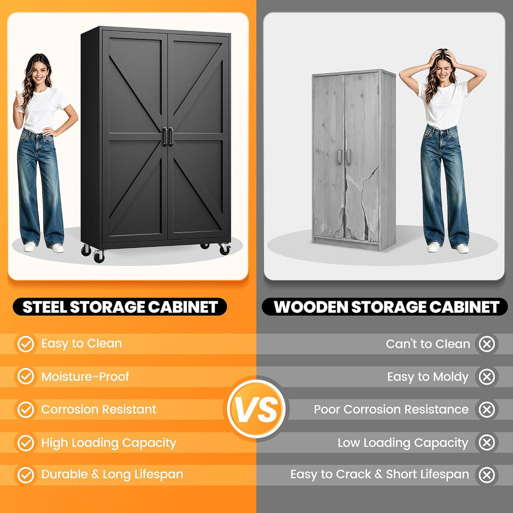 Deep & Wide Rolling Garage Storage Cabinets with Wheels & 2 Barn Door