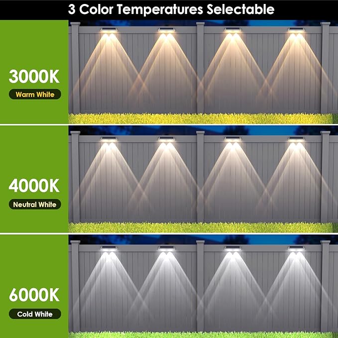 Solar Fence Lights Outdoor - 2700/4000/6000K 3 Modes, IP65 Waterproof Fence S...