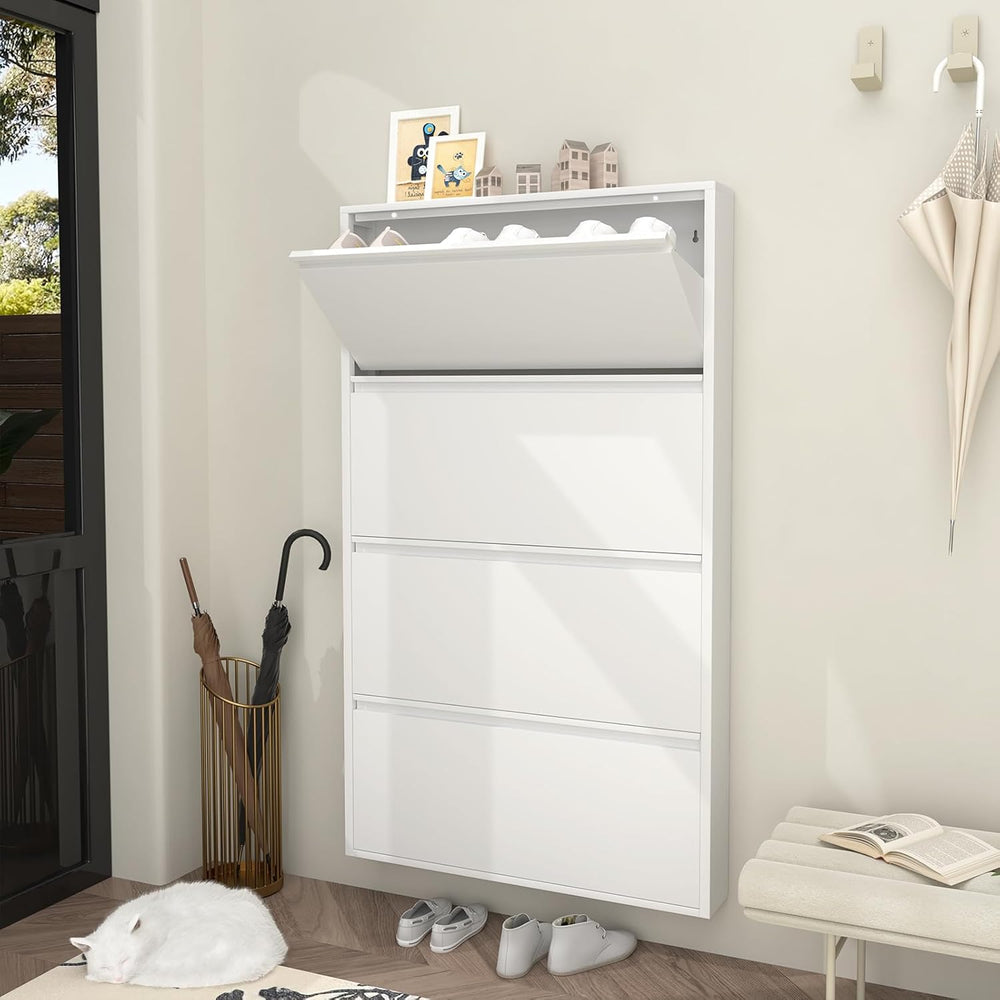 Slim Wall Mounted Metal Storage Cabinet with 4 Flip Drawers