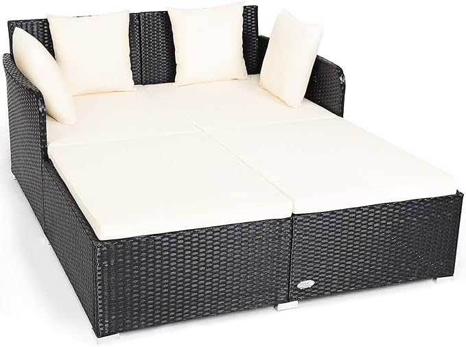 COSTWAY Outdoor Patio Rattan Daybed, Sponge Cushioned Loveseat Sofa with 4 Pi...