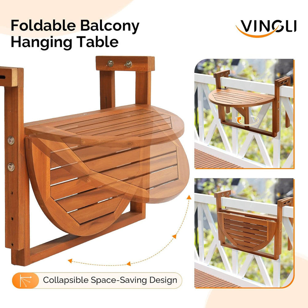 VINGLI 22in Acacia Wood Folding Balcony Hanging Table – Adjustable Height &am...