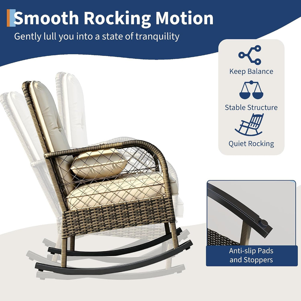 IDEALHOUSE Outdoor Wicker Rocking Chair, Patio Rattan Rocker Chair with Cushi...