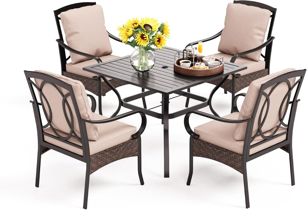 PHI VILLA 5 Piece Patio Dining Set, Square Table, Wicker Chairs