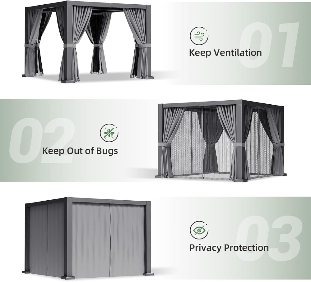 Aoxun Louvered Pergola 10x10 All-Aluminum, String Lights,Curtains & Netting