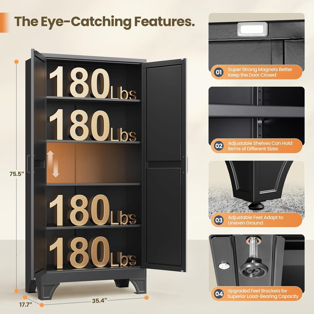 75" Black Metal Pantry Storage Cabinet,Garage Tool Storage Cabinets