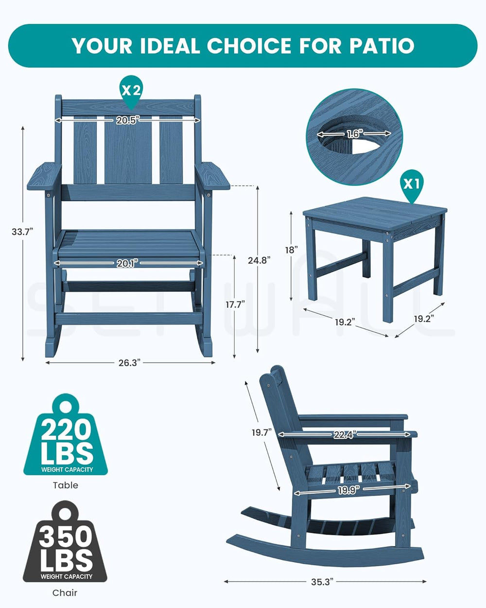 SERWALL 3-Piece Patio Furniture Set with 2 Rocking Chairs & Table, Blue