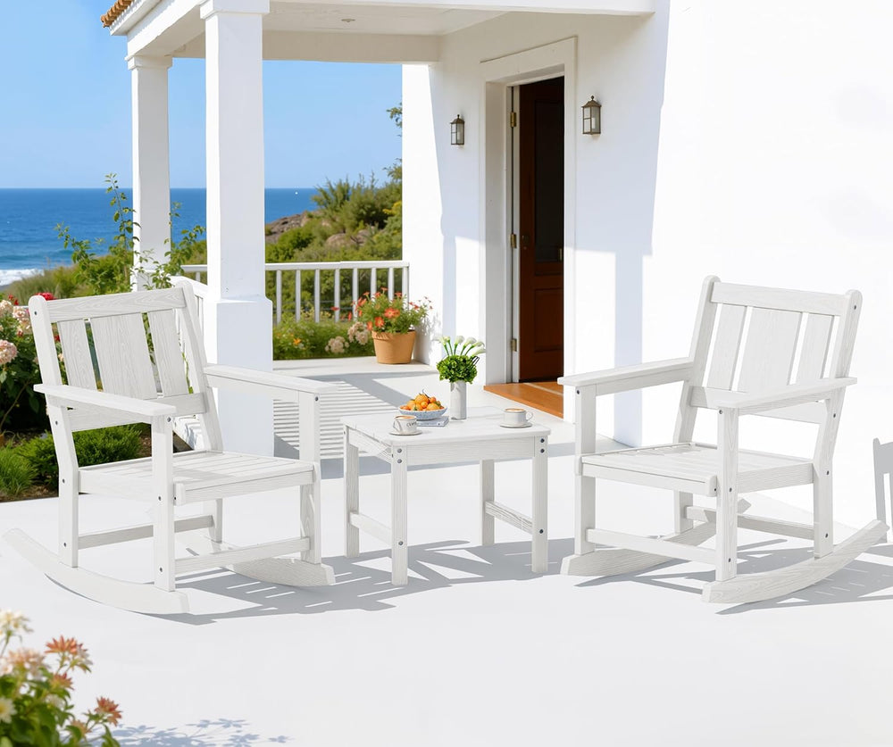 SERWALL 3-Piece Patio Furniture Set with 2 Rocking Chairs & Table, White