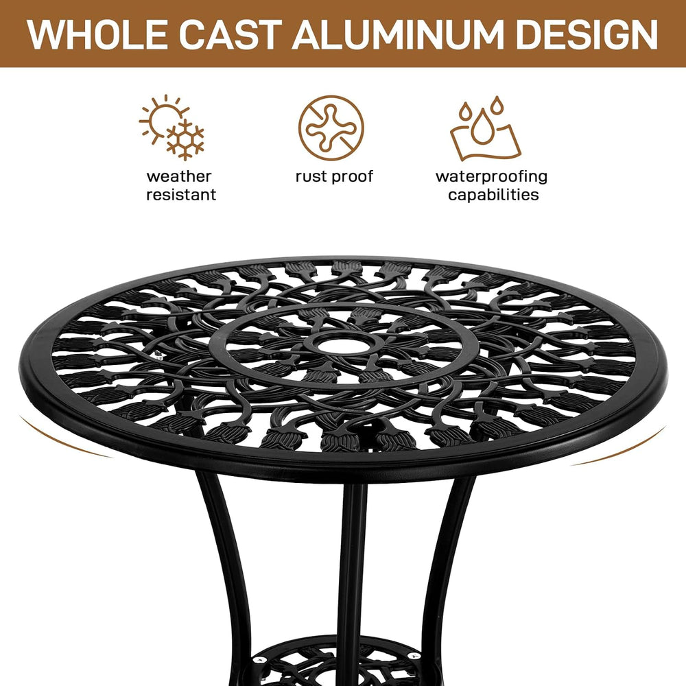 Outvita 3 Piece Cast Aluminum Bistro Set, Tulip Pattern Black