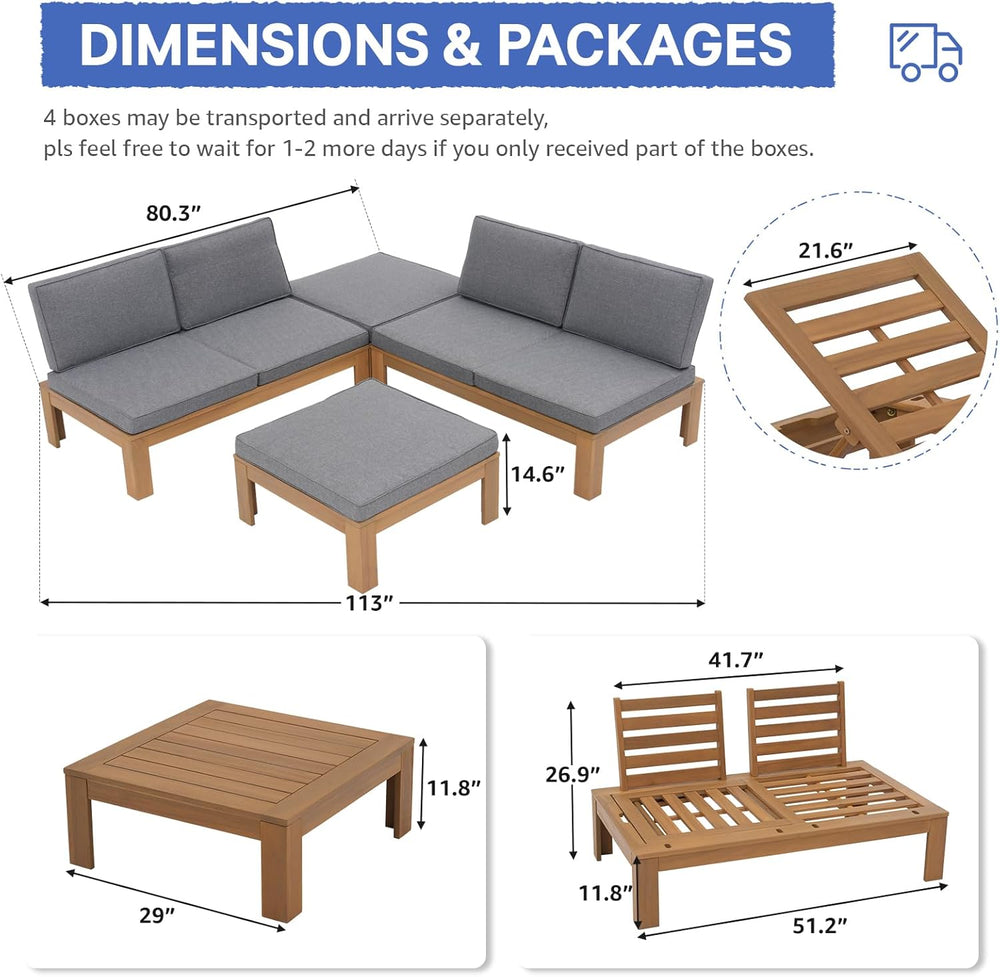 4 Piece Acacia Wood Patio Furniture Outdoor Sectional Sofa Set