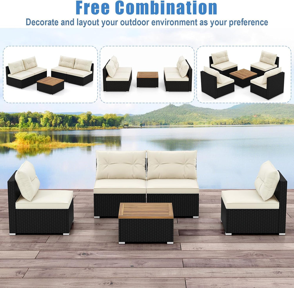 RELAX4LIFE 5-Piece Wicker Outdoor Furniture - PE Rattan Sectional Conversatio...