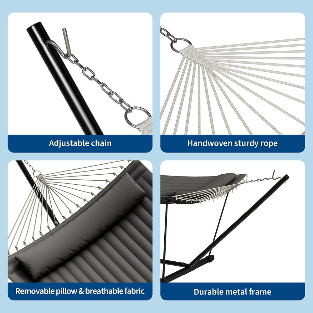 Garvee 2-Person Hammock with Stand for Outside–450lbs, Balance Rope, Pillow