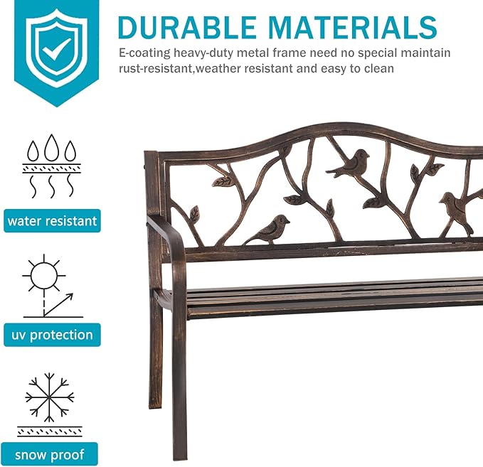 MFSTUDIO 50" Outdoor Garden Bench, Patio Metal Frame Park Bench with Bir...