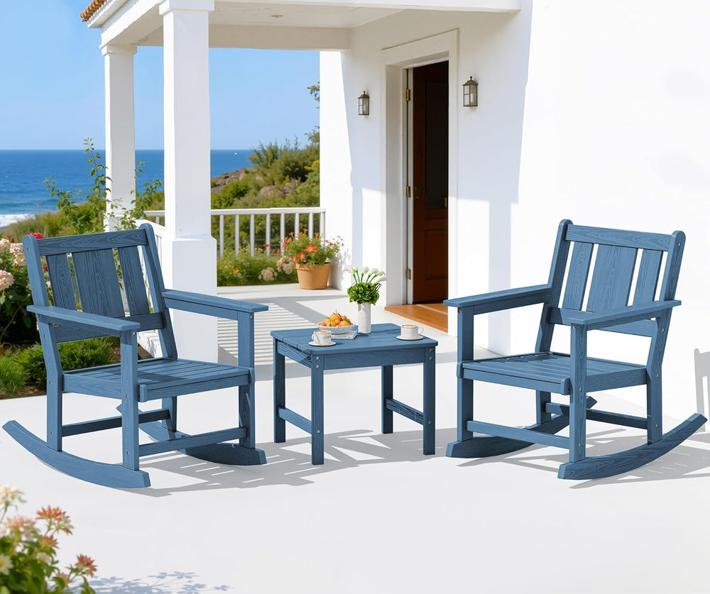 SERWALL 3-Piece Patio Furniture Set with 2 Rocking Chairs & Table, Blue
