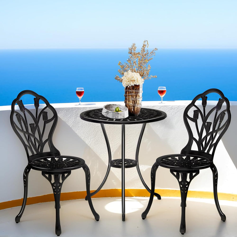 Outvita 3 Piece Cast Aluminum Bistro Set, Tulip Pattern Black