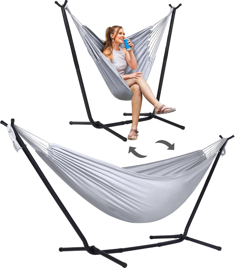 SUNCREAT 2-in-1 Convertible Extra Large Hammocks with Stand, Light Gray