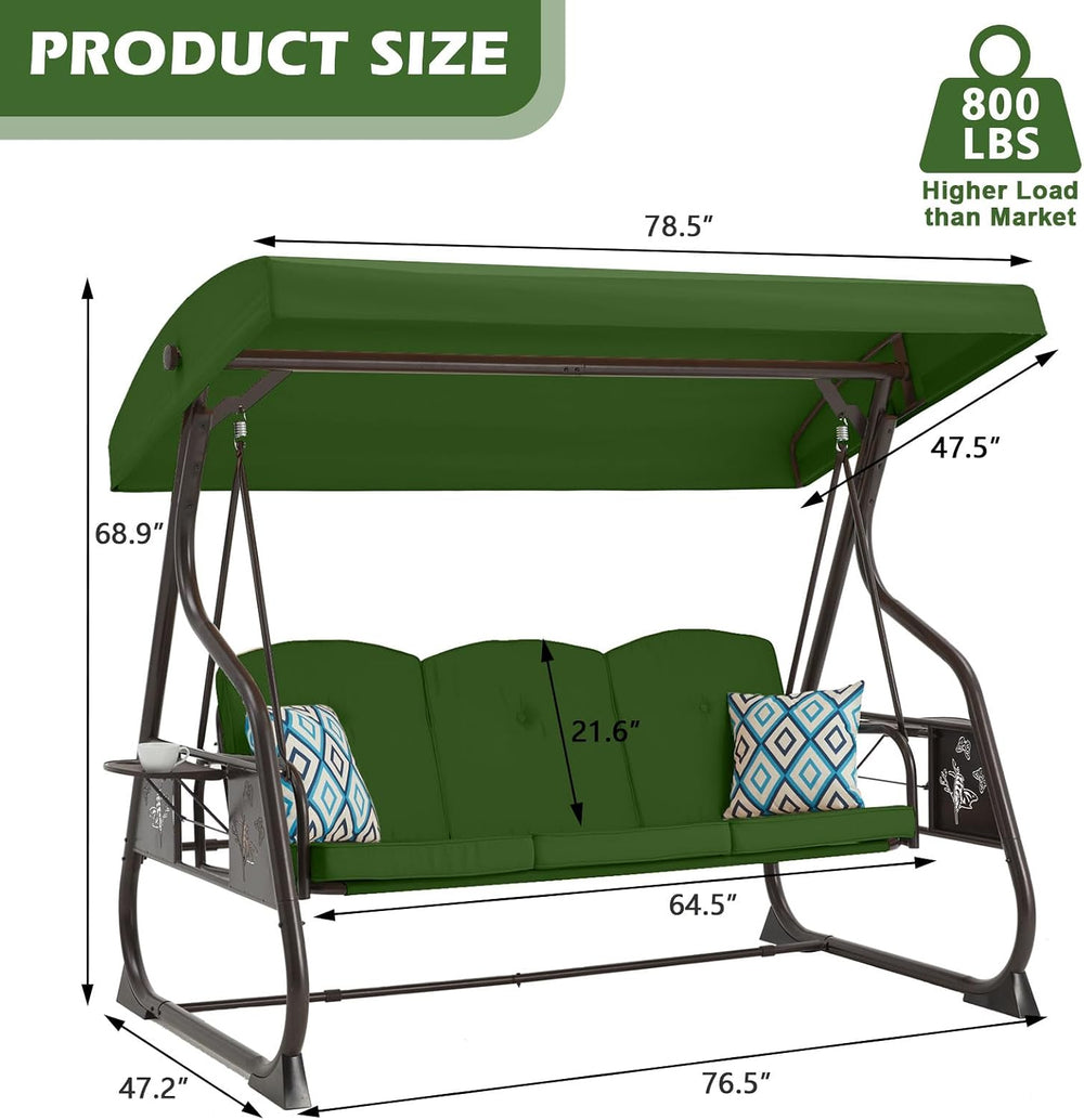 ZZW 3-Seat Patio Porch Swing 800LBS Outdoor Swing with Stand w/Canopy & A...