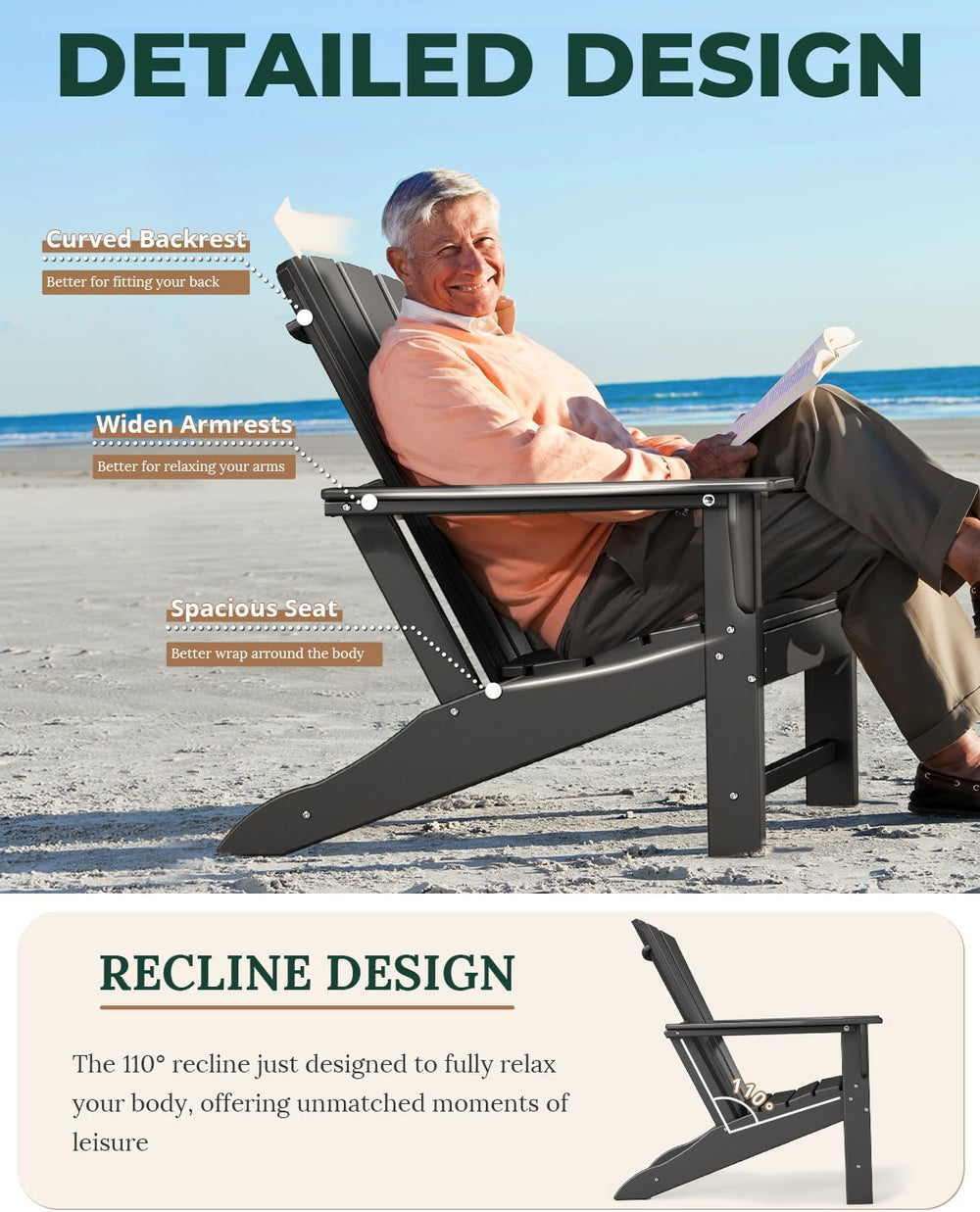 BRIOPAWS Oversized-Adirondack-Chairs Set of 2 | HDPE | All Weather | Black