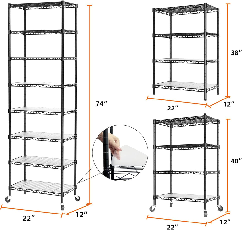 SINGAYE 8 Shelves Storage Wire Shelf Closet Metal Shelving Pantry Wheels