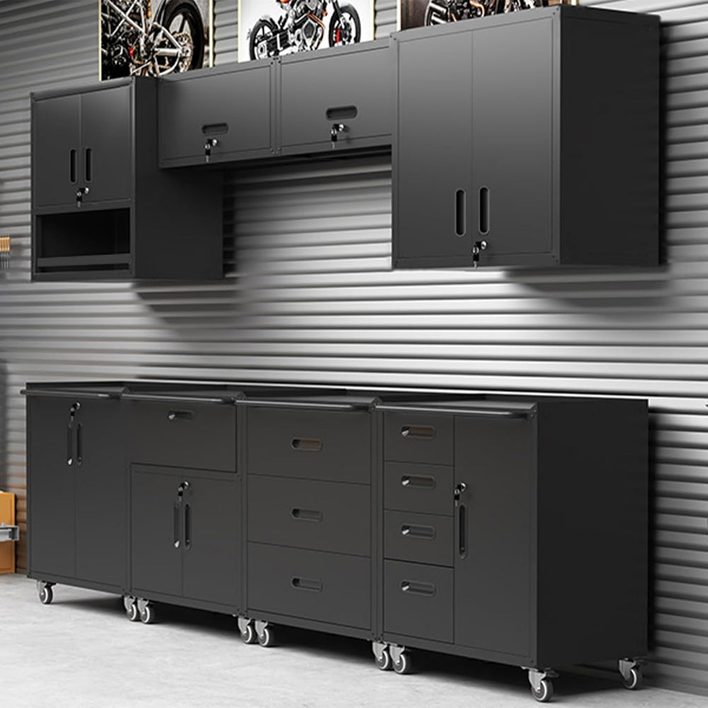 Black Garage Storage Cabinets System 6 PCS Workshop Set with Drawers Locking ...