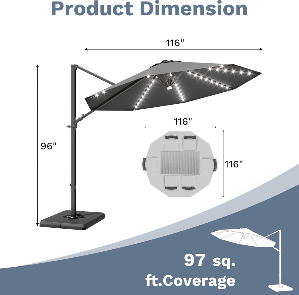 Devoko 10ft Solar LED Patio Umbrella, Round Cantilever Outdoor Umbrella with ...