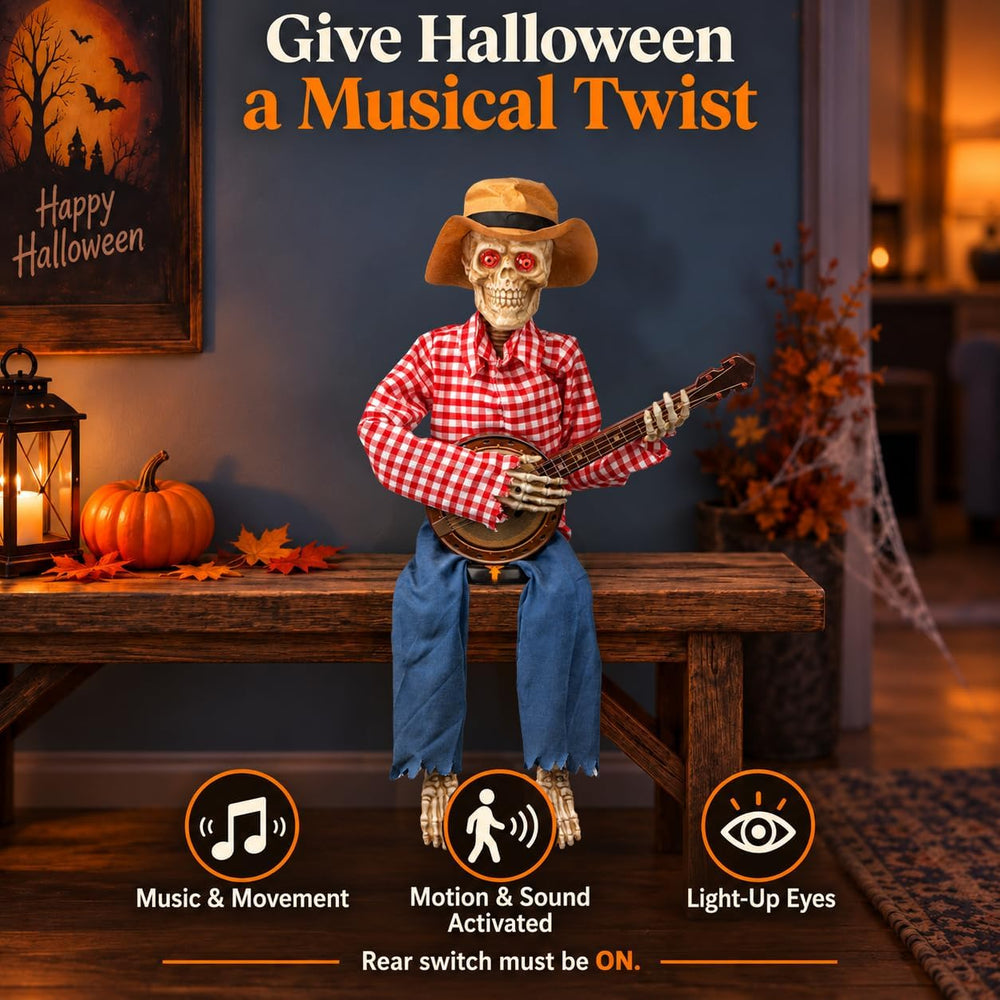 39" Halloween Animatronic Banjo-Playing Skeleton - Animated Scarecrow Co...