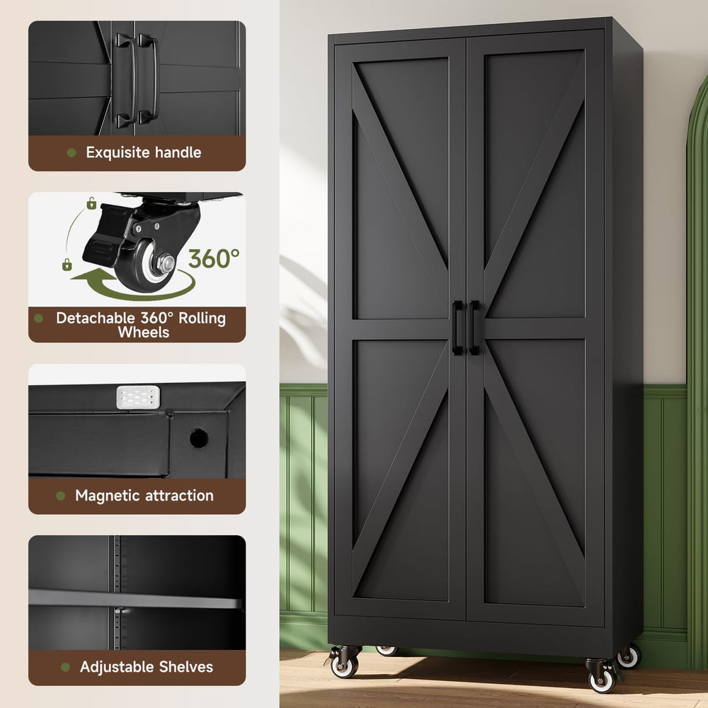 Letaya 75" Metal Garage Storage Cabinet with Wheels,Black Kitchen Pantry