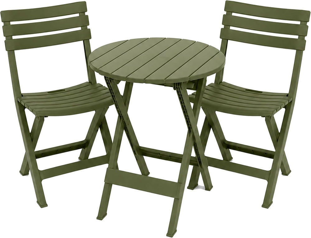 3 Piece Outdoor Bistro Set, Round Folding Patio Table and 2 Chairs, Green
