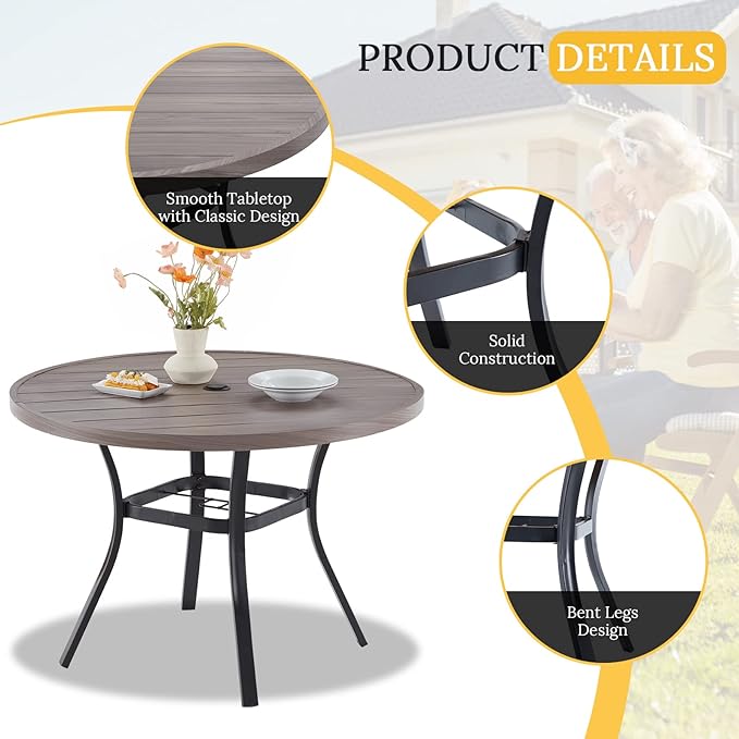 VICLLAX Round Patio Table with Adjustable Umbrella Hole, All Weather Outdoor ...