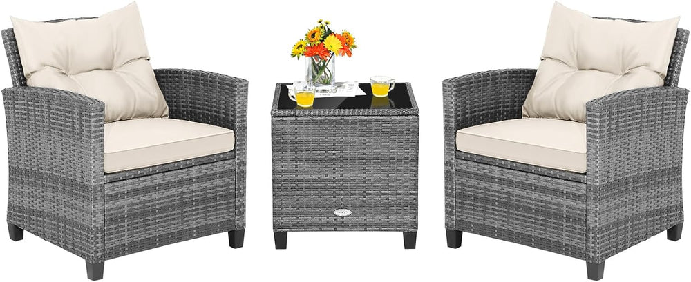 Tangkula 3 Pieces Patio Furniture Set, PE Rattan Wicker 3 Pcs Outdoor Sofa Se...