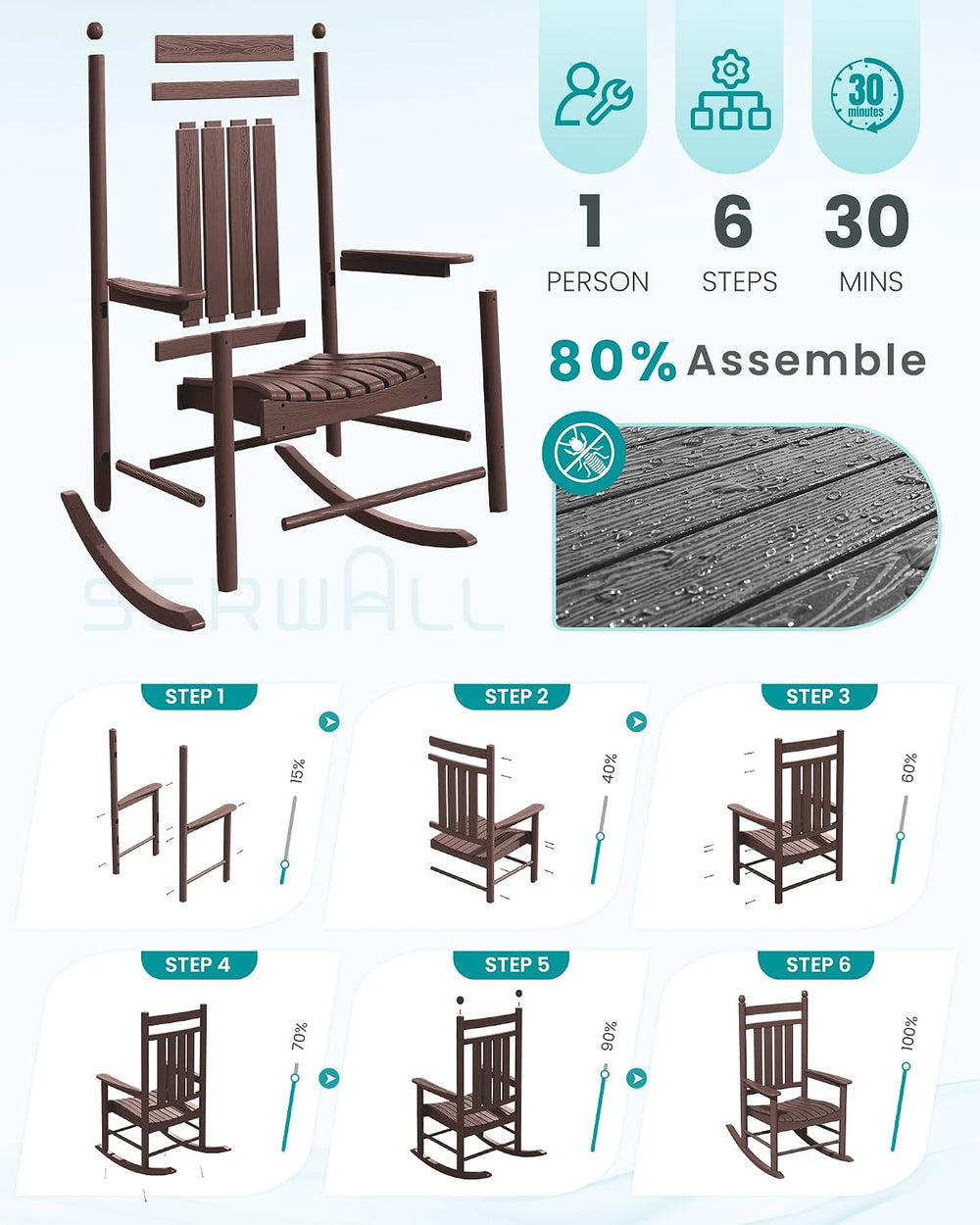 SERWALL Comfortable Outdoor Rocking Chairs Set of 3, Brown