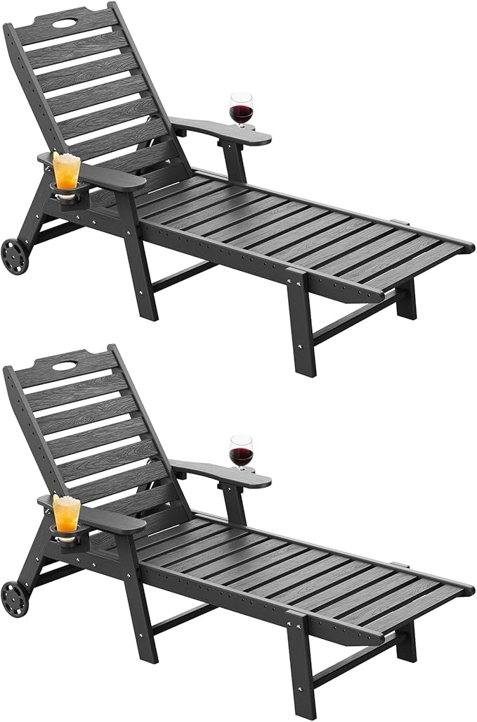 Carauci Lounge Chair Outdoor Set of 2, HDPE Chaise Lounge with Wheels, 5-Posi...