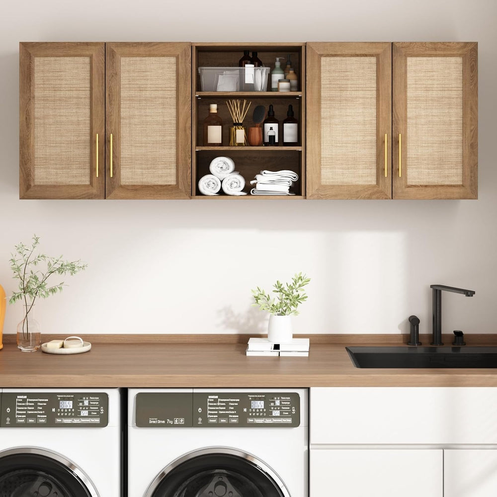 RUSTOWN 63.2" Rattan Laundry Room Cabinets, Large Wall Cabinet for Kitchen