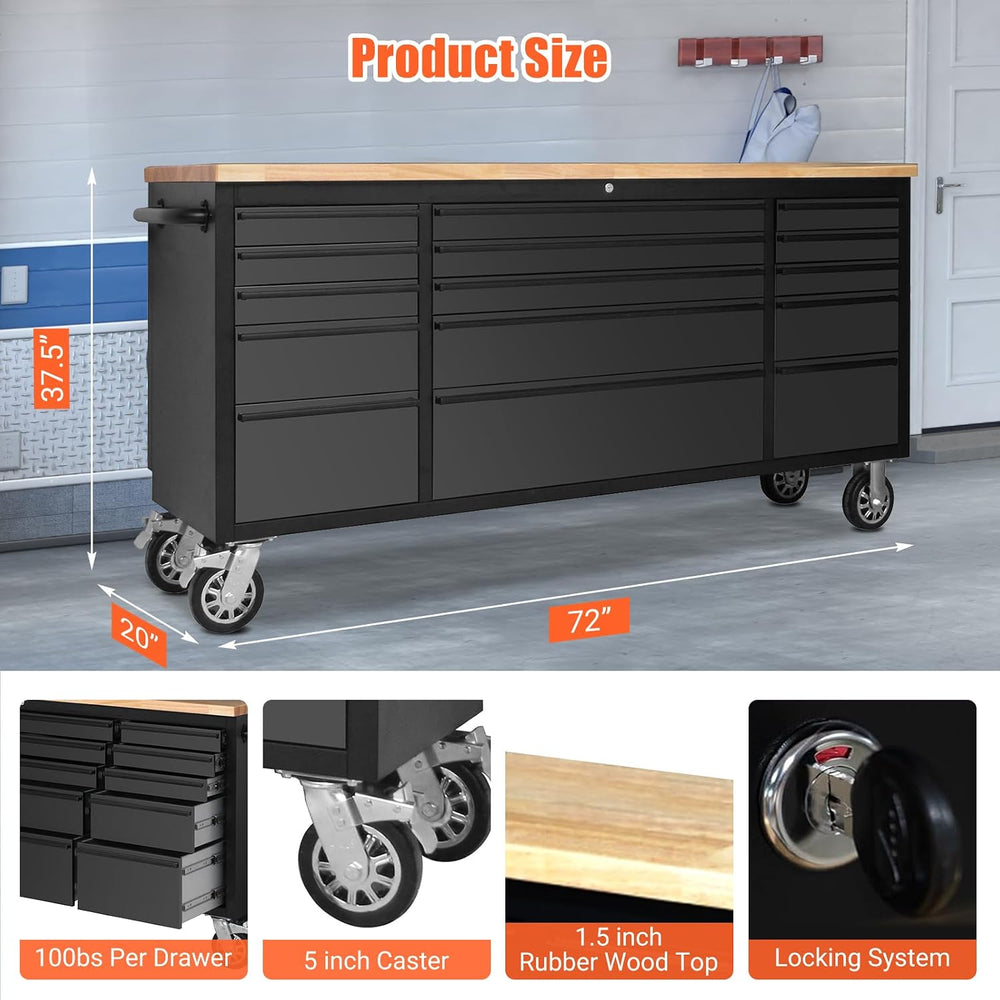 72" Heavy-Duty Rolling Tool Chest & Garage Workbench with 15 Drawers...