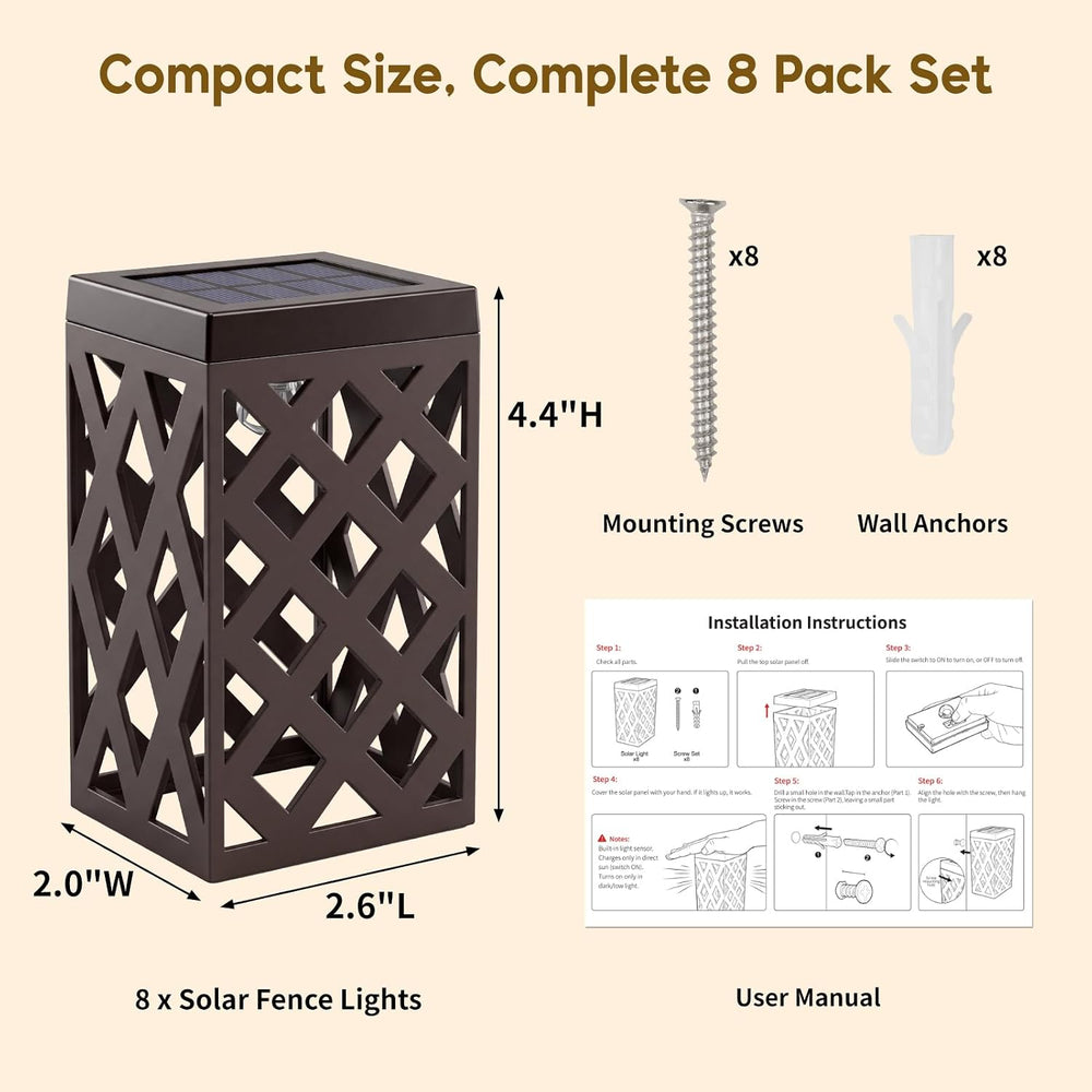 Solar Fence Lights Outdoor, 8 Pack Decorative Solar Lights with Warm Glow