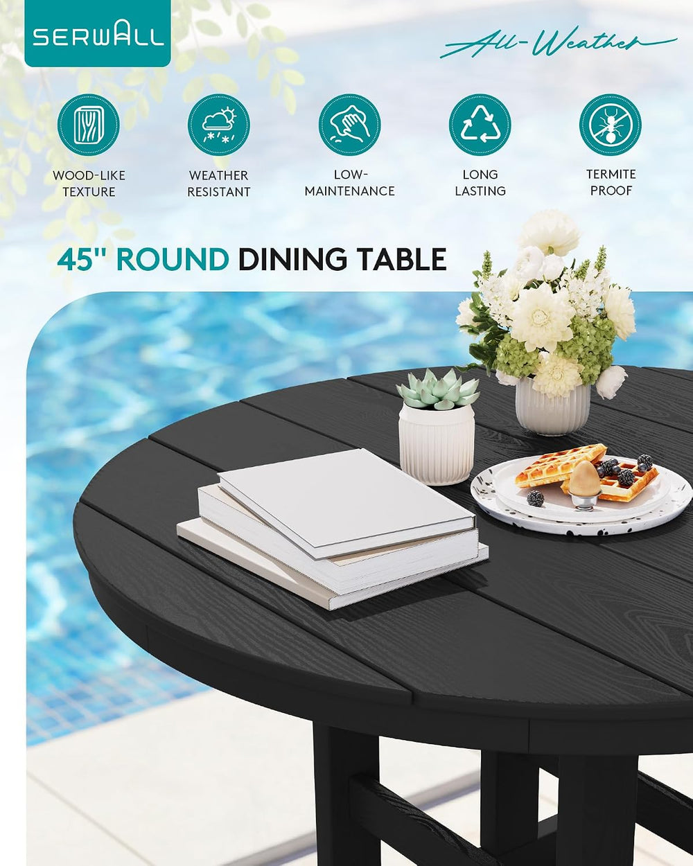 SERWALL 6-Pc Dining Set, 45" Table, 4 Chairs&9FT Umbrella, Black (No...