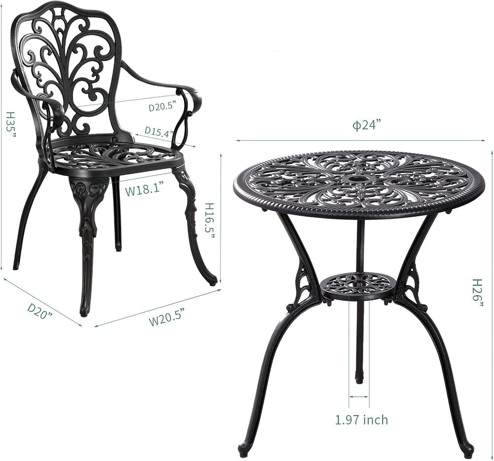 3 Piece Patio Bistro Set Cast Aluminum Bistro Table and Chairs Set of 2 with ...
