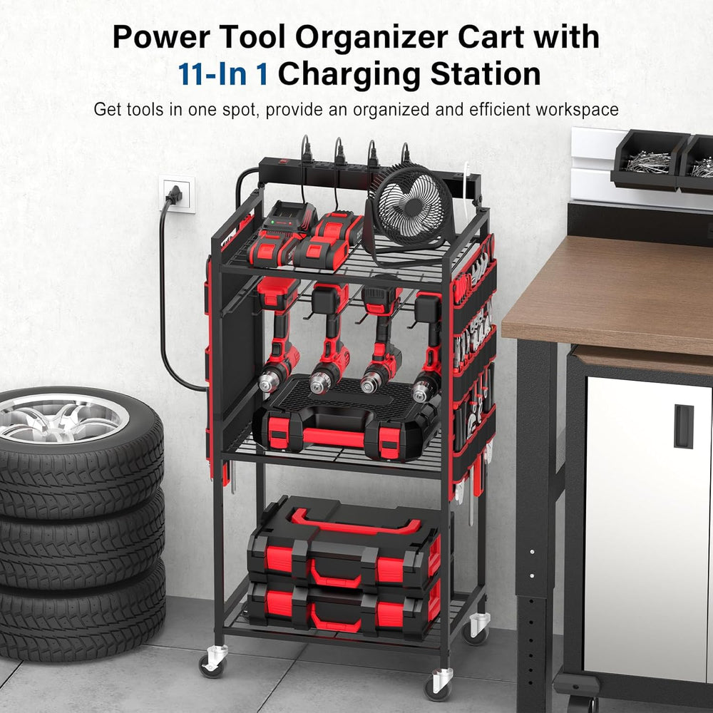 JUNNUJ Power Tool Charging Organizer Cart, 8 Outlet 3 USB, 6 FT Cord, Red