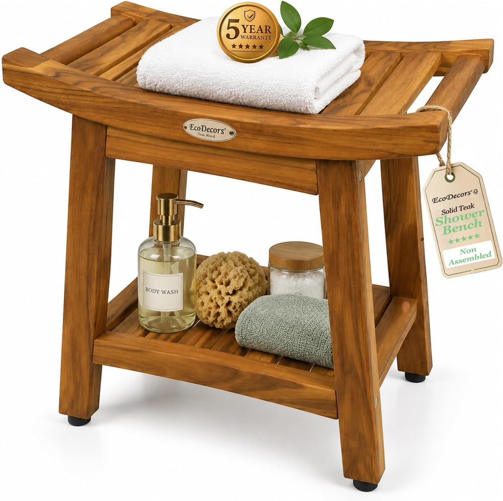 EcoDecors 18" Teak Shower Bench with Shelf & Handle Solid Teak Showe...