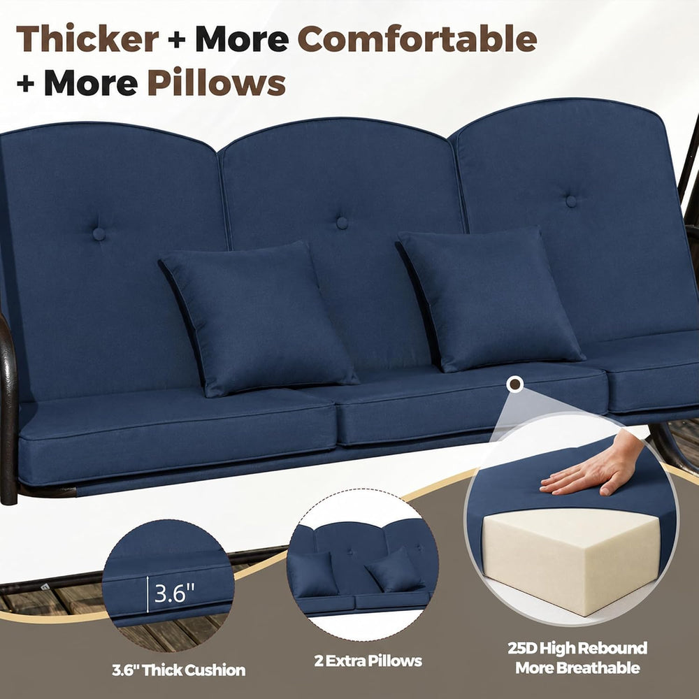 3 Seat Patio Swing Chair with Canopy,Outdoor Porch Swing with Thick Cushions,...