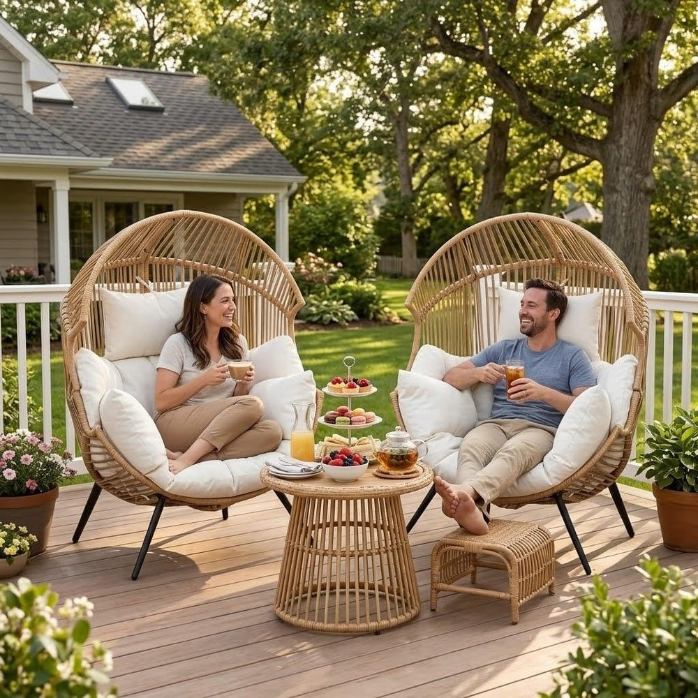 Oversized Outdoor Wicker Egg Chair Set of 2, Patio Lounge Chair Basket Seat w...