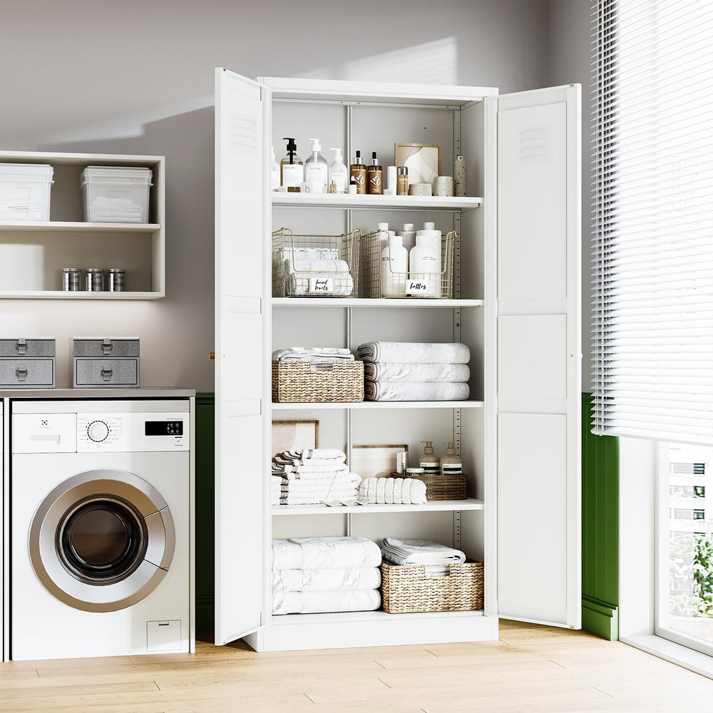 White Storage Cabinet with Adjustable Shelves-Metal Home Kitchen Pantry Cabin...