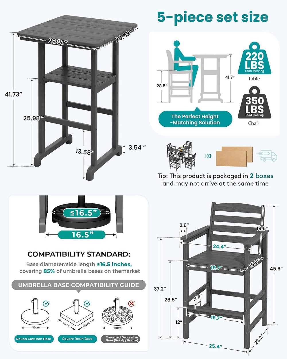 SERWALL 5 Pcs HDPE Bar Height Chairs and Double Layer Pub Table Set, Gray