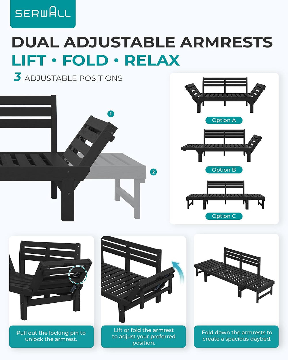 SERWALL HDPE Convertible Patio Couch Sofa Bed with Adjustable Armrests, Outdo...