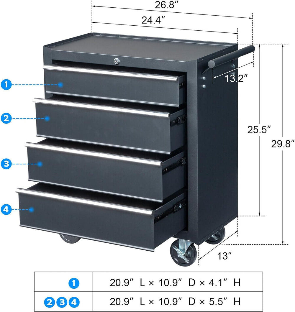 4 Drawer Rolling Tool Cabinet, Lockable Steel Tool Chest, Black